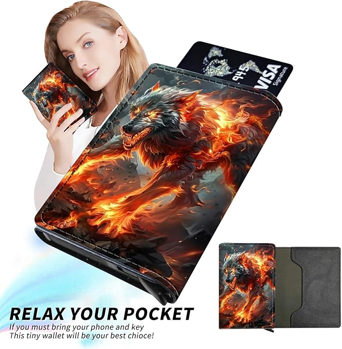 Flaming Wolf Minimalist Wallet for Men, Pop Up Card Case Wallet for Women, PU Leather Automatic Credit Card Holder Metal Money Clip Wallet RFID Blocking Bifold Pocket Wallet