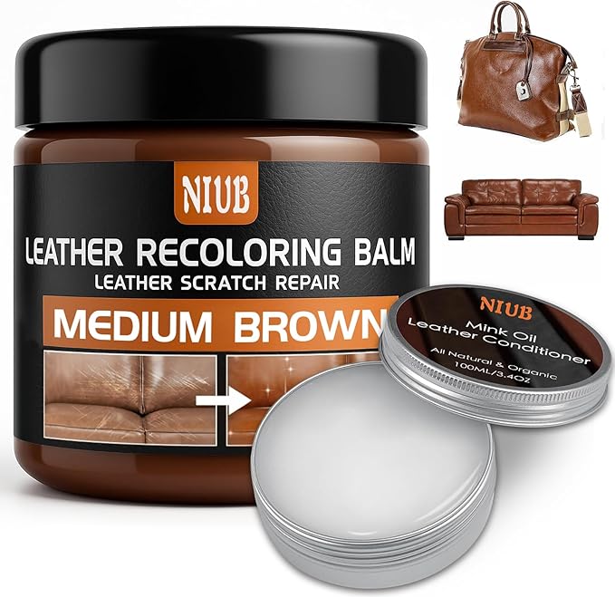 Leather Recoloring Balm Leather Color Restorer Scratch Repair Leather Paint for Furniture Couches Car Seats Shoes Bags Leather Dye and Scratched Leather with Leather Conditioner - Medium Brown