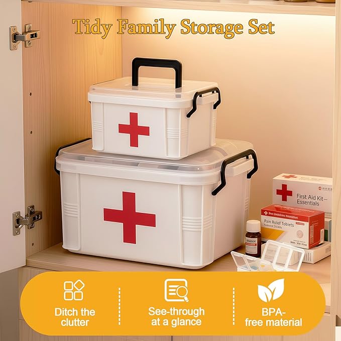 2 Pack Clear Medicine Organizer Box with Handle, Plastic Medicine Container with Tray First Aid Box Empty, Thickened Medicine Storage Organizer Multipurpose Medication Organizer Storage, White
