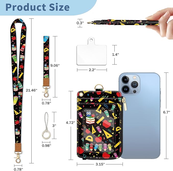 Lanyard Wallet with Id Badge Holder, Teacher RFID Small Keychain Wallet Women Wristlet, Cute Zipper Credit Card Holder Phone Wrist Neck Strap for Key Name Tag, Student School Office Gifts