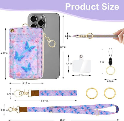 Lanyard Wallet with ID Badge Holder, Small RFID Wallet Women Keychain Wristlet, Leather Credit Card Holder with Zipper Pocket Phone Lanyard Wrist Strap Office Business-Gradient Butterfly