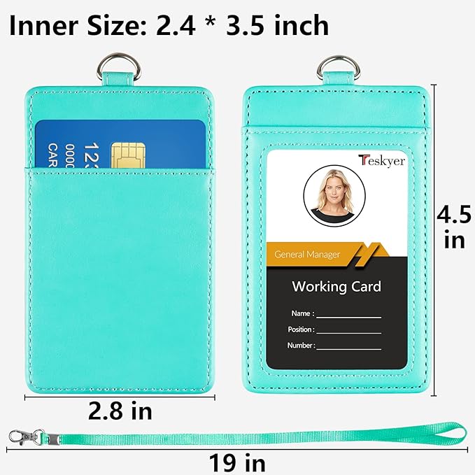 Teskyer Badge Holder with Lanyard, Leather ID Name Badge Card Holder with Lanyard for ID Badges, Vertical Green