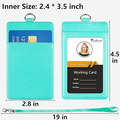 Teskyer Badge Holder with Lanyard, Leather ID Name Badge Card Holder with Lanyard for ID Badges, Vertical Green