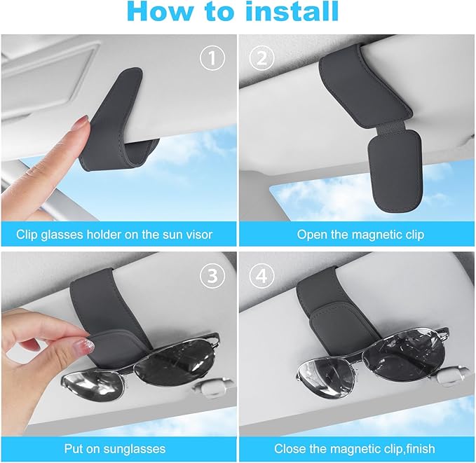 TCJJ Sunglasses Holders for Car Visor,Car Magnetic Glasses Holder Leather Sunglasses Clip and Ticket Card Clip Suitable for Car Interior Visor and Different Size Eyeglasses(Gray)