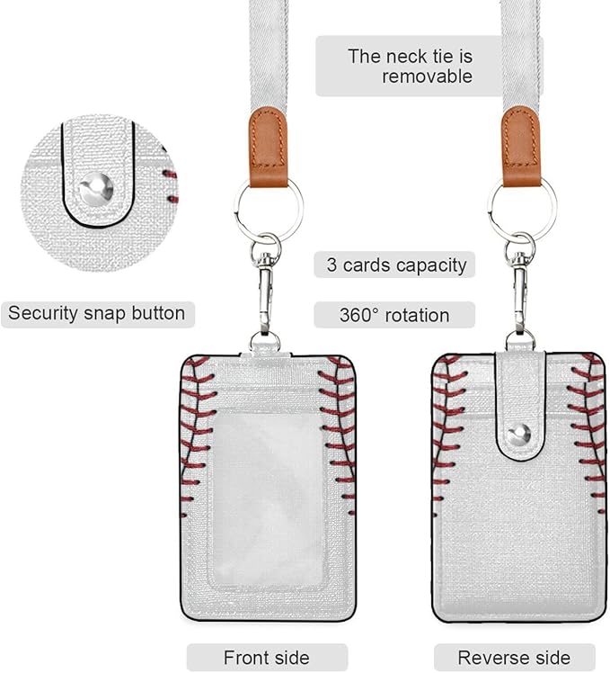 Moudou Baseball ID Badge Holder with Lanyard, Vertical Leather ID Badge Card Holder for Office Staff, School Teacher and Student