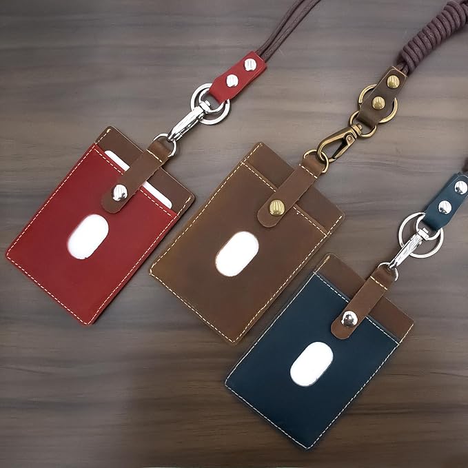 Badge Holder: Boshiho Cowhide Leather ID Badge Card Holder with 19" Neck Lanyard, Vertical Style (Brown-Blue)