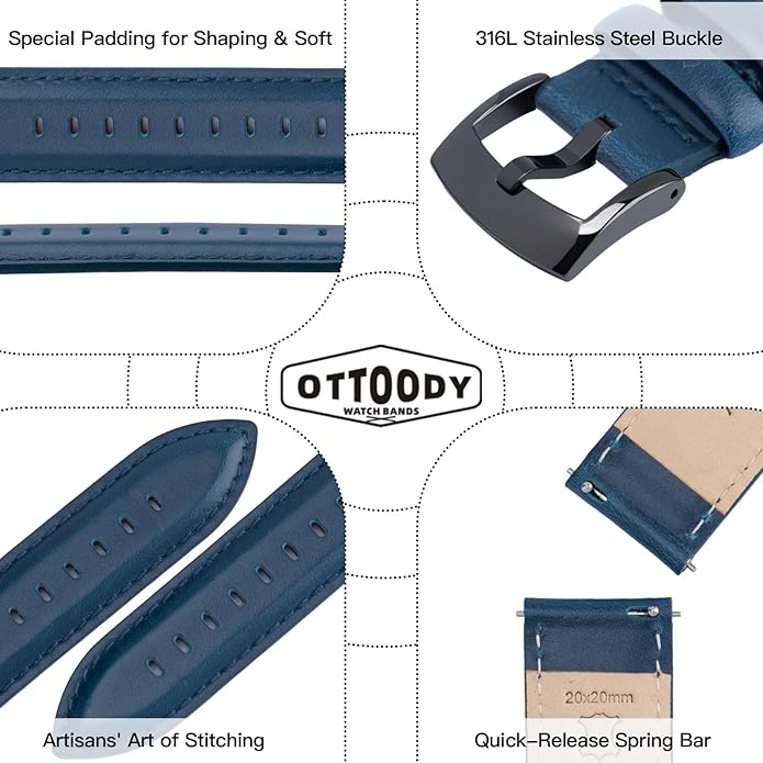 OTTOODY Leather Watch Bands Quick Release, Elegant Top Grain Leather Watch Straps for Men & Women, Choice of Color & Width - 18mm, 19mm, 20mm, 21mm or 22mm Wristbands Bracelet for Watch & Smartwatch