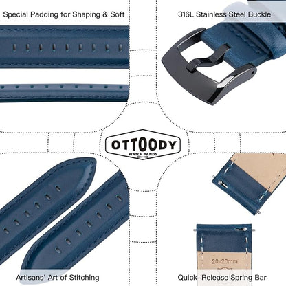 OTTOODY Leather Watch Bands Quick Release, Elegant Top Grain Leather Watch Straps for Men & Women, Choice of Color & Width - 18mm, 19mm, 20mm, 21mm or 22mm Wristbands Bracelet for Watch & Smartwatch