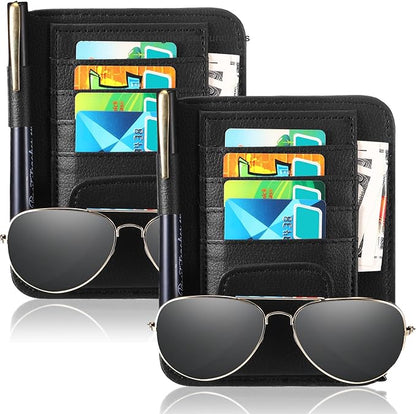 BOAO 2 Packs Car Sun Visor Organizer, Sunglasses Holders for Car Sun Visor PU Auto Interior Accessories Storage Travel Document Holder with Multi Pocket (6.1 x 4.93 Inches, Black)