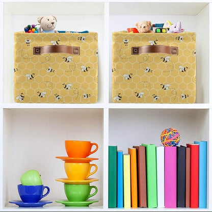 Storage Basket Cute Animal Bee Collapsible Storage Bins Canvas Fabric Baskets for Organizing Toy with Handle for Bedroom Nursery Office, 2PCS