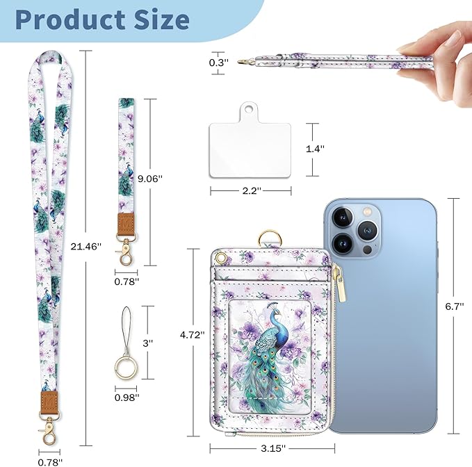 Lanyard Wallet with Id Badge Holder, Peacock RFID Small Keychain Wallet Women Wristlet, Cute Zipper Credit Card Holder Phone Wrist Neck Strap for Key Name Tag, Teacher Student Office Gifts