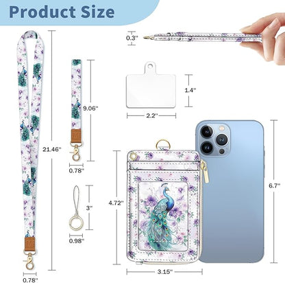 Lanyard Wallet with Id Badge Holder, Peacock RFID Small Keychain Wallet Women Wristlet, Cute Zipper Credit Card Holder Phone Wrist Neck Strap for Key Name Tag, Teacher Student Office Gifts
