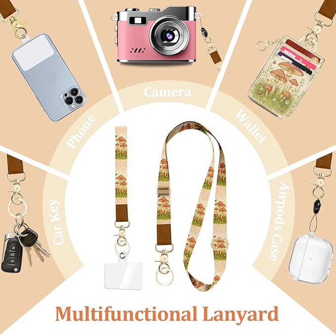 Lanyard Wallet with ID Badge Holder, PU Leather Credit Card Holder with Zipper Pocket Phone Lanyard Wrist Strap Small RFID Wallet Women Keychain Wristlet Teacher Doctor Office-Mushroom