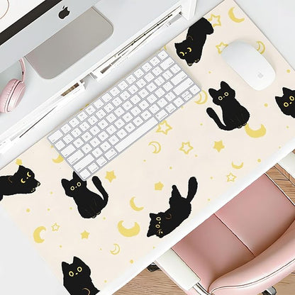 Mouse Pad Leather Desk Mat Large Keyboard Cute Office Desktop Computer Laptop XXL Long Big Aesthetic Modern Design Women Girls Gaming Gamer Oversized Wide Mousepad 31.5"x15.7", Black Cat