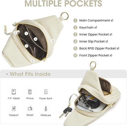 Kattee Small Sling Bag for Women, Leather Fanny Packs Crossbody Purse, Chest Bag for Travel with RFID Blocking, Beige