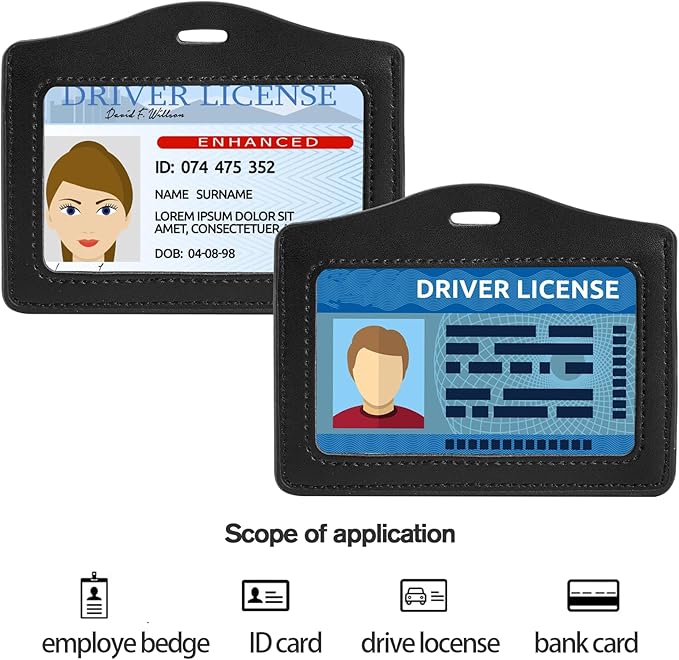 2 Pack Genuine Leather ID Badge Holders, Horizontal ID Card Holders with Single-Side Clear Window, Waterproof Name Badge Holde Suit for Office, Staff, Students, Employees (Black&Black)