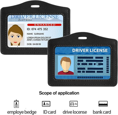 2 Pack Genuine Leather ID Badge Holders, Horizontal ID Card Holders with Single-Side Clear Window, Waterproof Name Badge Holde Suit for Office, Staff, Students, Employees (Black&Black)
