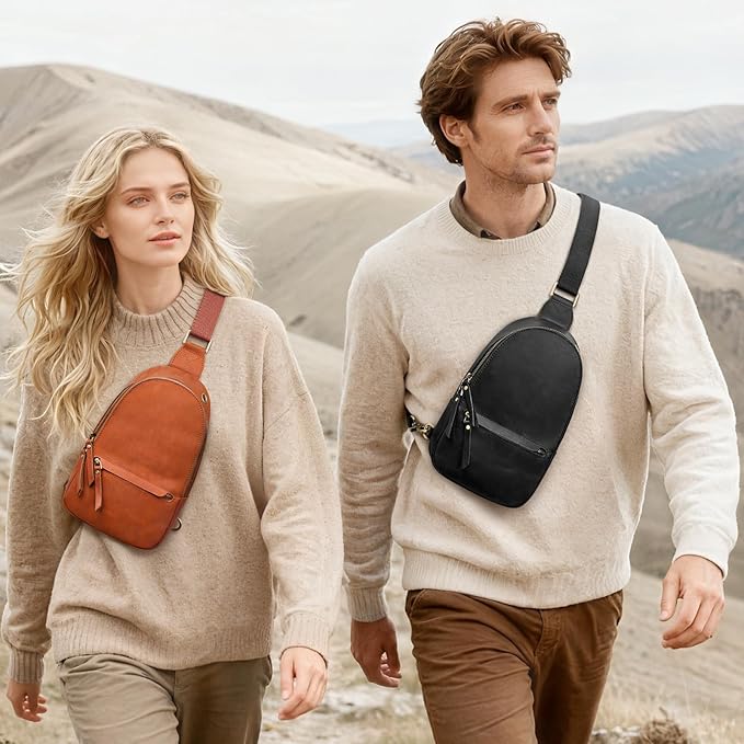 S-ZONE Leather Sling Bags for Women Men, Fanny Packs, Small Crossbody Purse Chest Bag with RFID Blocking