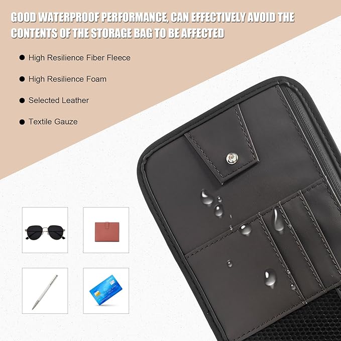 Car Sun Visor Organizer, PU Leather Multi-Pocket Visor Storage Pouch with Zipper, Auto Interior Document Holder Sunvisor Card Sleeve Pocket Organizer for Driving License Pen Key (Brown)