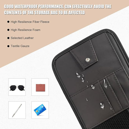 Car Sun Visor Organizer, PU Leather Multi-Pocket Visor Storage Pouch with Zipper, Auto Interior Document Holder Sunvisor Card Sleeve Pocket Organizer for Driving License Pen Key (Brown)