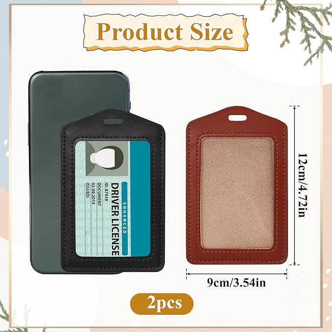 2 Pack Genuine Leather ID Badge Holders Waterproof Name Badge Holde Vertical Single-Side Clear Card Holder for Office, Staff, Employees (Black & Brown)