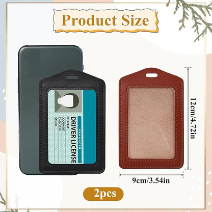 2 Pack Genuine Leather ID Badge Holders Waterproof Name Badge Holde Vertical Single-Side Clear Card Holder for Office, Staff, Employees (Black & Brown)