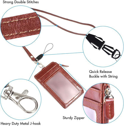 Badge Holder with Zip, Wisdompro 2-Sided Vertical Style PU Leather ID Badge Holder with 1 ID Window, 4 Card Slots, 1 Side Zipper Pocket and 1 piece 20 Inch PU Neck Lanyard Strap - Brown