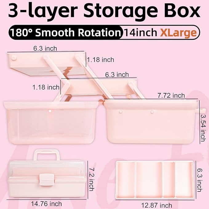TERGOO 14in 3-Layer Multipurpose Craft Organizers and Storage with Adjustable Dividers, Portable Tackle Box, Folding Art & Craft Case for Medicine, Tool, Sewing Organizer (Pink, X-Large)