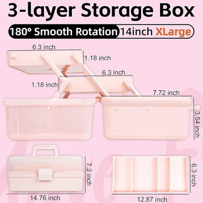 TERGOO 14in 3-Layer Multipurpose Craft Organizers and Storage with Adjustable Dividers, Portable Tackle Box, Folding Art & Craft Case for Medicine, Tool, Sewing Organizer (Pink, X-Large)