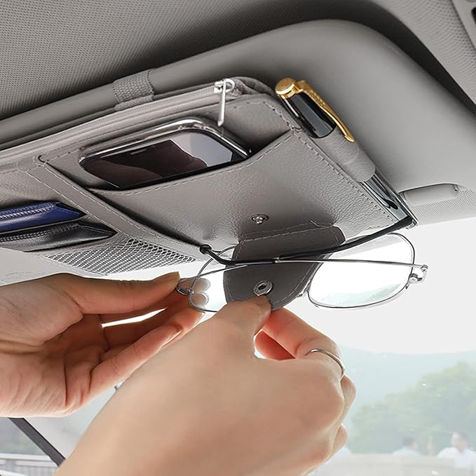 2 Packs Gray Car Sun Visor Organizer, Sunglasses Holders for Car Sun Visor, PU Leather, Auto Interior Accessories Storage Travel Document Holder with Multi Pocket