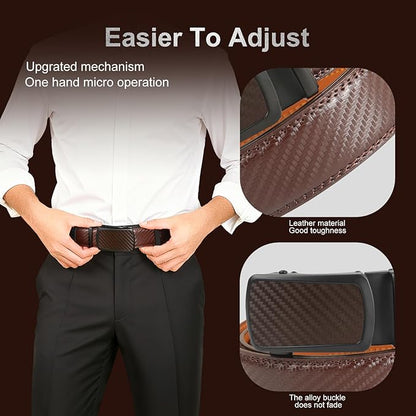 Men's Ratchet Belt Genuine Leather No-Hole Slide Buckle - Adjustable Men's Dress & Casual Belt