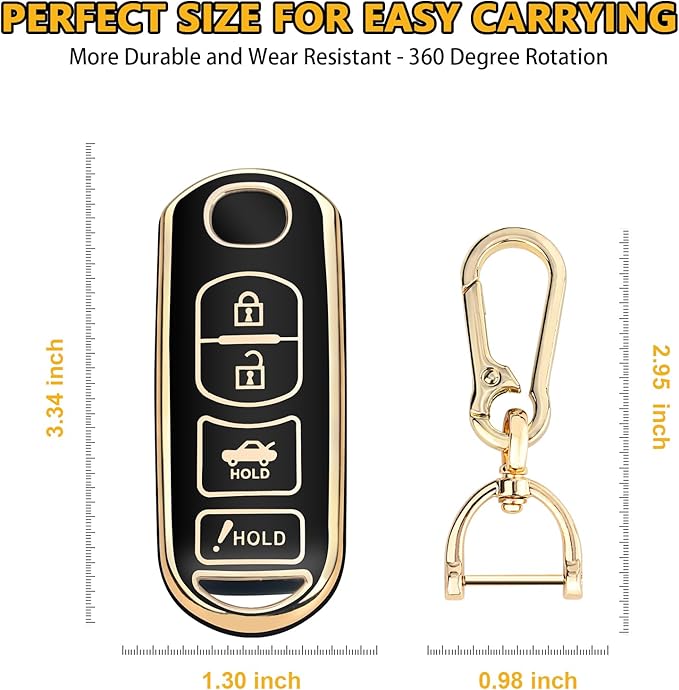 FT FUNTOR for Mazda Key Fob Cover,4 Buttons TPU Key Cover with Golden Edge,Compatible with Mazda 3 6 8 CX-3 CX-5 CX-7 CX-9 Atenza Miata MX-5 with Keychain (A-Black)