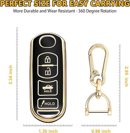 FT FUNTOR for Mazda Key Fob Cover,4 Buttons TPU Key Cover with Golden Edge,Compatible with Mazda 3 6 8 CX-3 CX-5 CX-7 CX-9 Atenza Miata MX-5 with Keychain (A-Black)