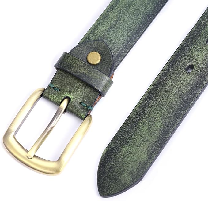 Men's Casual Leather Belt, Handmade Vintage Green Jeans Belt for Everyday Work Casual, Packed in Gift Box
