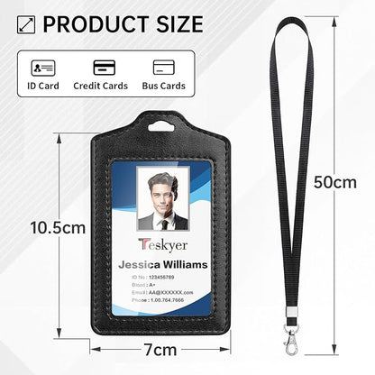 Teskyer 2 Pack Double Sided Clear Badge Holder with Lanyard, PU Leather ID Badge Name Card Holder with Stainless Steel J-Hook Nylon Lanyard for Work, School, Metro, Access, Black