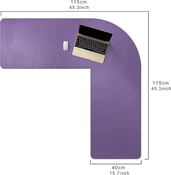 Mydours L-Shape Desk Mat, 46" x 46" x 16" Extra Large PU Leather Desk Pad Blotter, XXL Large Waterproof Gaming Mouse Pad, Desktop Protector for Computer Keyboard Home Office (Purple)