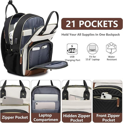Laptop Backpack for Women Travel Backpacks - 15.6 Inch Laptop Computer Bag with Pouch Pocket Large Capacity Cup Purse Work Business Back pack College Teacher Bags Beige Black Brown