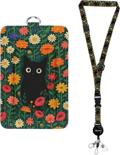 bolimoss Black Cat Daisy Leather ID Badge Card Holder, Adjustable Landyard with Retractable Reel, Cute Flower Badge Holders with Metal Swivel Clasp, Detachable Safety Quick Release Buckles for Key