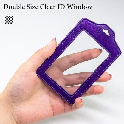 Teskyer 2 Pack of Double Sided Clear Badge Holder with Lanyard, PU Leather ID Badge Name Card Holder with Stainless Steel J-Hook Nylon Lanyard for Work ID, School ID, Metro Card, Access Card, Purple