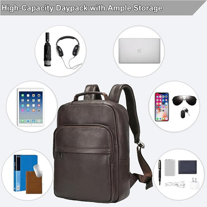 Durable Genuine Leather Backpack - 15.6 Inch Laptop Bag for Business Commute & Travel, Large Capacity Multi-Pocket Backpack for Men/Women, Coffee