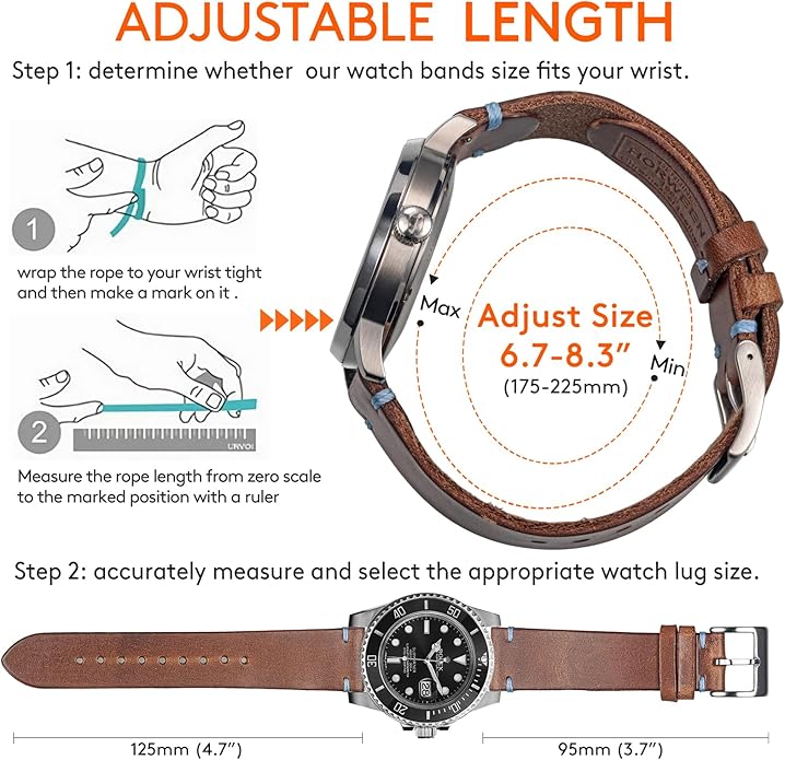 hemsut h Leather Watch Bands for Men, Horween Quick Release Leather Watch Strap Vintage Watch Replacement Wrap of 18mm, 20mm, 22mm