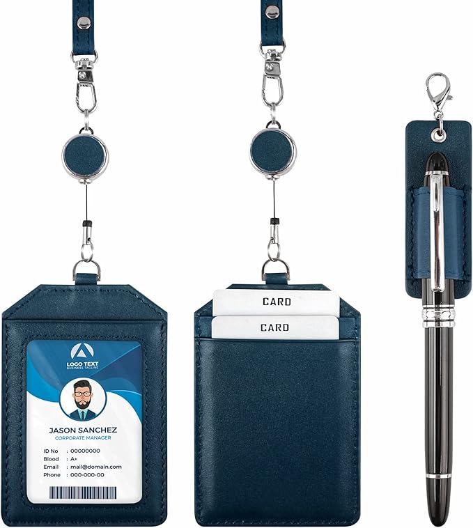 Office Badge Holder - Boshiho Genuine Leather Credit ID Card Holder with Stretch Neck Lanyard Vertical Style (Blue)