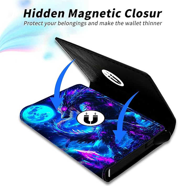 Minimalist Wallet for Men's Card Holders, Pop-Up Card Case Durable Wallets for Women, Leather Automatic Credit Card Holder with Metal Money Clip RFID Blocking Bifold Pocket, Blue Moon Dragon