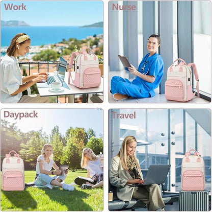 bagswan Laptop Backpack for Women Work - 15.6 Inch Travel Backpack Fashion Work Business Backpacks Purse Warterproof College Teacher Nurse Computer Daypack Beige Pink