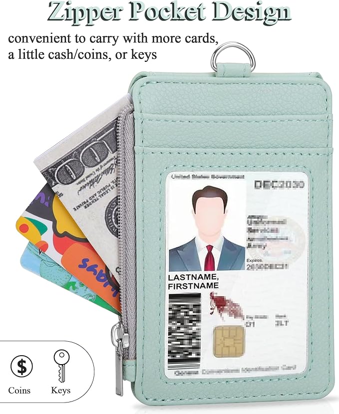 Teskyer Badge Holder with Side Zip Pocket, Multiple Card Slots Leather ID Holder Wallet with Neck Lanyard for Office, Teachers/Students, Workers, Cruise Cards, Metro Cards, Lichee Light Green