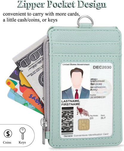 Teskyer Badge Holder with Side Zip Pocket, Multiple Card Slots Leather ID Holder Wallet with Neck Lanyard for Office, Teachers/Students, Workers, Cruise Cards, Metro Cards, Lichee Light Green