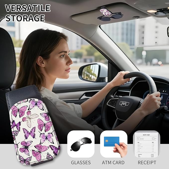 Sunglasses Holder for Car Visor, PU Leather Glasses Clip Organizer, Cute Magnetic Eyeglass Holder for Vehicle Sun Visor, Car Interior Accessory for Women & Men Pink Purple Butterflies