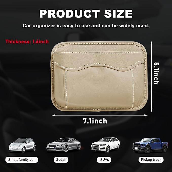 povtii Car Seat Side Pocket Organizer, PU Leather Cell Phone Sunglasses Storage Pocket, Mini Seat Gap Filler Pouch for Auto Seat Door Window Console, Interior Car Accessories (Beige)