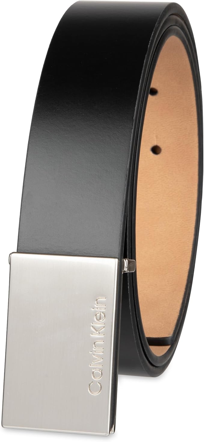 Calvin Klein Men's Plaque Buckle Belt - Casual Modern Style With Logo Detail for Jeans and Dress Pants