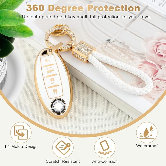 PIFOOG for Nissan Key Fob Cover Altima Rogue Sentra Murano Armada Pathfinder Accessories 4 Buttons Soft TPU White Gold Car Keys Case Shell Protecor Girly Women Cute